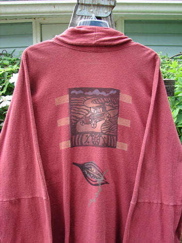 1995 Reprocessed Deco Jacket Antique Car and Leaf Hollyberry OSFA with vintage closure, drop dolman shoulders, deep V neckline, oversized painted pockets, rear antique car graphic, front leaf theme.