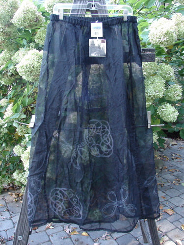 2000 NWT Silk Organza Skirt Wind Turn Celtic Turn Black Size 2, featuring white floral designs, full elastic waistline, and A-line flare. Perfect condition from 2000 Holiday Collection.