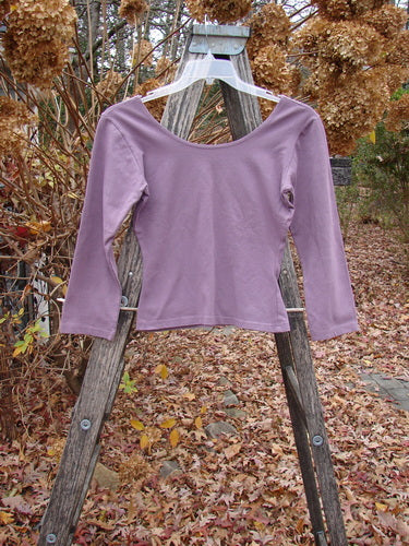 1994 Cotton Lycra Ballerina Layering Top Plave Smaller Size 2, displayed on a hanger hooked on a wooden stepladder, in an autumnal setting with dry leaves and dried hydrangeas in the background.