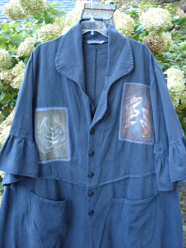 Barclay PMU Patched Twill Decora Brushed Flutter Coat Fall Leaf Navy Size 2 with frilled 3/4 sleeves, deep V neckline, dark buttons, and large pockets, made from heavy-weight brushed cotton twill.