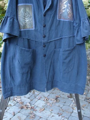 Barclay PMU Patched Twill Decora Brushed Flutter Coat Fall Leaf Navy Size 2, featuring patches, 3/4 flutter sleeves, large pockets, dark buttons, and a swingy hemline.