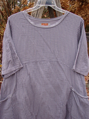 Barclay Gauze Two Pocket Urchin Dress Unpainted Light Plum Stripe Size 1, featuring a round neckline, elbow-length sleeves, side-seam pockets, and a fine stripe weave, hanging outdoors on a clear hanger.