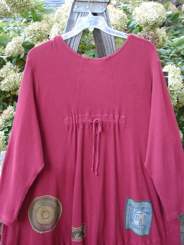 Barclay Patched Thermal Touring Cardigan Lucky Guy Ruby Red OSFA, featuring a unique flared hem, deep V-neck with vintage buttons, and front pocket, professionally patched and designed for a flattering fall and swing.