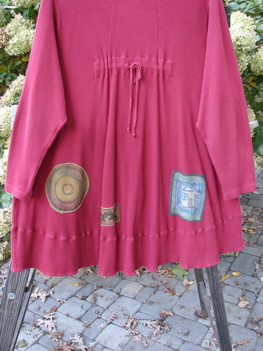 Barclay Patched Thermal Touring Cardigan Lucky Guy Ruby Red OSFA with unique flared hem, mixed vintage buttons, draw cord back, and kangaroo style front pocket.