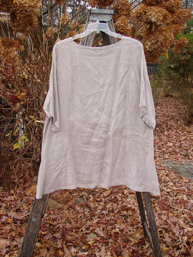 Barclay Lightweight Linen Tea Time Top Fall Rain Sand Size 1 on a clear hanger, showcasing its flowy A-line shape, rounded neckline, and three-quarter sleeves.