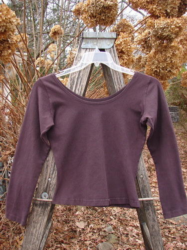 1994 Cotton Lycra Ballerina Layering Top Unpainted Redyed Black Cherry Size 2 displayed on a clear hanger against a wooden step-ladder, showcasing its scoop-neck, fitted silhouette, and long sleeves in an outdoor setting.