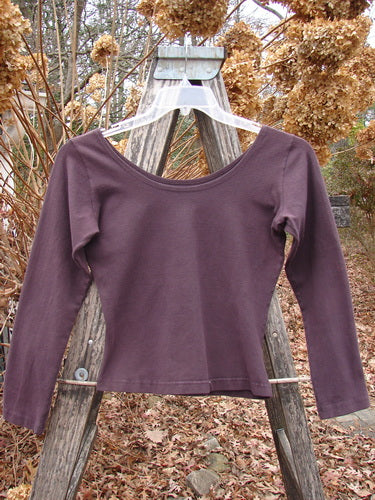 1994 Cotton Lycra Ballerina Layering Top Unpainted Redyed Black Cherry Size 2, displayed on a wooden ladder, showcasing its fitted design, scoop neckline, long sleeves, and tapering waist against an autumnal backdrop.