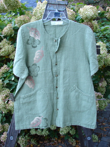 1998 Botanicals Robin's Top Mixed Garden Elm Size 1 featuring floral patterns, dual front elastic pockets, seven buttons, and an A-line shape made from heavyweight linen.