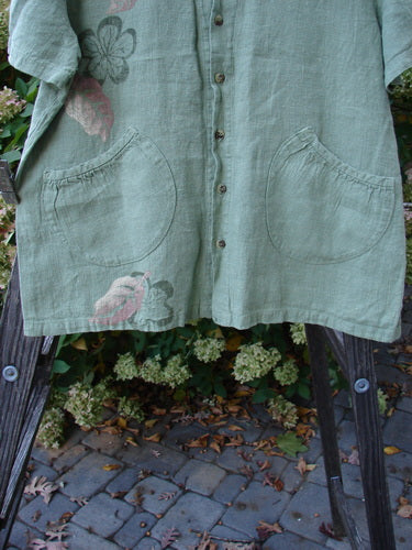 1998 Botanicals Robin's Top in Mixed Garden Elm, Size 1, featuring a slightly smaller back shoulder line, A-line shape, dual front elastic pockets, and seven buttons, made from heavyweight linen.