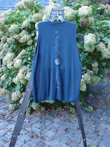Image alt text: "1997 Cashmere Archway Vest with pocket watch theme paint and rolled seams, on wooden stand"