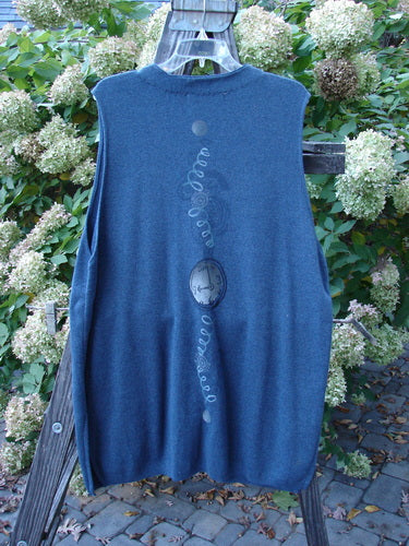 1997 Cashmere Archway Vest with pocket watch theme paint and rolled seams. Deep V neckline, ribbed hemline, and sweet side vents.