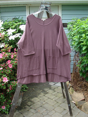 Barclay Hi Low Pocket Tunic Top in Earthen Plum, displayed on a clothes rack, featuring a soft neckline, varying hemline, and three-quarter sleeves.