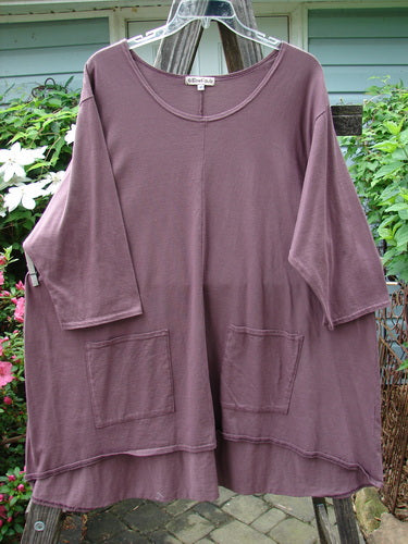 Barclay Hi Low Pocket Tunic Top Unpainted Earthen Plum Size 2 displayed on a clothes hanger, showcasing its rounded neckline, varying hemline, and three-quarter length sleeves.