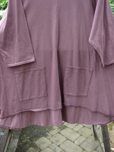 Barclay Hi Low Pocket Tunic Top Unpainted Earthen Plum Size 2 with rounded neckline, A-line shape, varying hemline, double front pockets, and three-quarter length sleeves on a hanger.