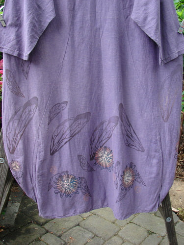 Barclay Hemp Cotton Silk Voile Belle Dress Wing Violet Size 2, featuring a floral and wing pattern, wider neckline, dramatic backline with pleats, vertical rushing, and a distinctive bell shape.