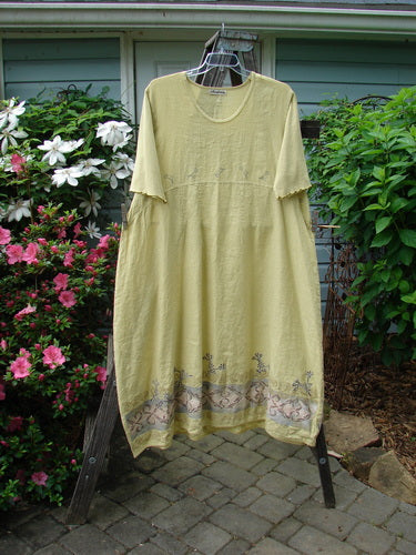 Barclay Linen Cotton Sleeve Banded Hem Pleat Dress Falling Sprig Plantain Size 2 hanging on a rack, showcasing its rounded neckline, three-quarter sleeves, and unique pleat design.