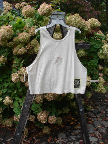 1999 Crop Tank Top Goldfish Dust Size 2 displayed on a wooden ladder, showcasing a scooped neckline and wide, slightly longer boxy shape with a colorful goldfish theme.