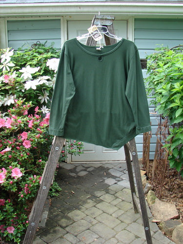 Barclay NWT Cotton Lycra Keyhole Pullover Top Unpainted Rich Clover Size 1 displayed on a wooden ladder, highlighting its long sleeves and angled flutter-like side hem.