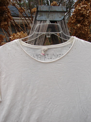 Magnolia Pearl Cotton Jersey Short Sleeved Boyfriend Tee True OSFA hangs on a clear hanger, showcasing its drapey, soft cotton slub with rolled edges and a unique diagonal wrap seam.