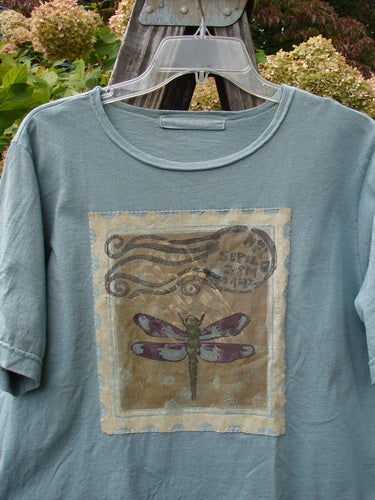 1999 Patched Short Sleeved Crop Tee Dragonfly Stream Size 1 featuring a dragonfly patch on mid-weight organic cotton, classic rolled neckline, and signature Blue Fish patch.