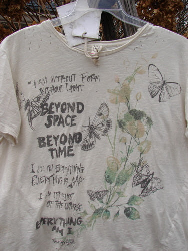 Magnolia Pearl NWT Cotton Jersey Boyfriend Tee Beyond Butterflies True OSFA features a botanical motif with butterflies and inspirational text. Distressing near the collar and hem adds character to this soft, drapey T-shirt.