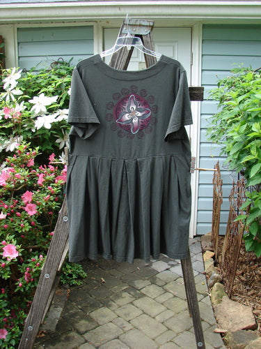 Barclay Boxcar Dress Rear Orchid Raven Size 2 displayed on a wooden swinger, showcasing its empire waist, full pleats, and deeper neckline detail.