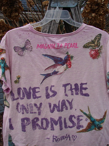 Magnolia Pearl NWT Applique Cotton Jersey Boyfriend Tee Love Is The Only Way Allium OSFA, features colorful swallow, butterfly, and floral motifs, drapey cotton, rolled edges, and a unique wrap seam.