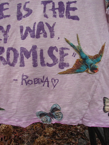 Magnolia Pearl NWT Applique Cotton Jersey Boyfriend Tee showcases Love Is The Only Way, Promise slogan with swallow and butterfly appliques on super soft fabric, featuring unique seam and distressed shoulders.