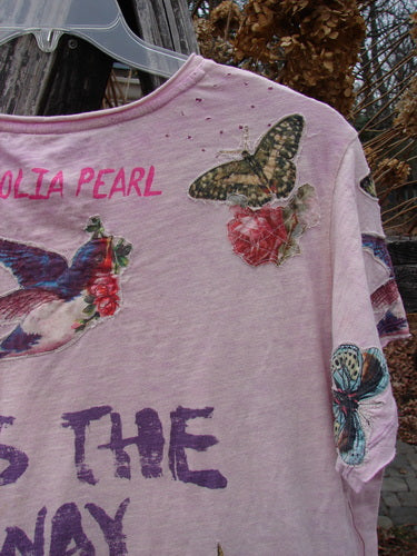 Magnolia Pearl NWT Applique Cotton Jersey Boyfriend Tee Love Is The Only Way Allium OSFA features a hummingbird with a rose, butterflies, pink florals, and bold text on a soft cotton fabric.