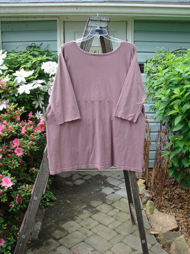 Barclay Empire Vented Pocket Top Unpainted Dusty Plum Size 2 on a clothes hanger, featuring a rounded neckline, tall vented sides, two exterior drop pockets, and three-quarter length sleeves.