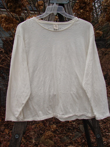 Magnolia Pearl Cotton Jersey Long Sleeved Boyfriend True OSFA, features a drapey fit with rolled edges, diagonal seam, and shoulder distressing. Hangs outdoors on a hanger, emphasizing its casual elegance.