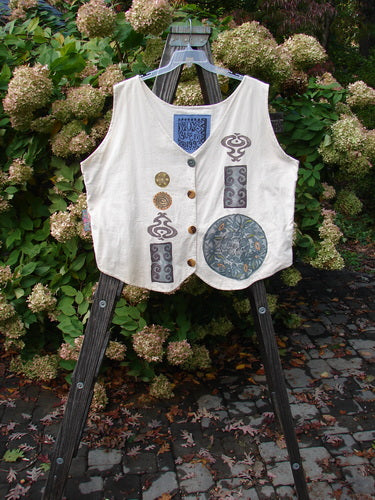 1993 The Vest Medallion Tea Dye Size 2: A white vest with a design on it, featuring tuxedo style front tails and a draw corded back.