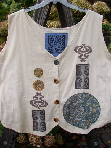 1993 The Vest Medallion Tea Dye Size 2 featuring a flower design, tuxedo-style front tails, upward rounded rear hem, draw-corded back with metal grommets, and signature '93 patch from Blue Fish's Summer Collection.