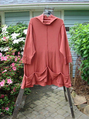 Barclay Thermal Quad Drop Pocket Tunic Dress Unpainted Brick Size 2, featuring a double-layered turtleneck, varying hemline, and four drop pockets, displayed on a rack.