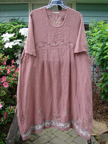 Barclay Linen Cotton Sleeve Banded Hem Pleat Dress Bird Gal Dusty Mauve Size 2 displayed on a clothes rack, showcasing unique pleats, three-quarter sleeves, and an empire waist seam.