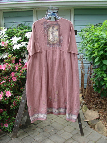 Barclay Linen Cotton Sleeve Banded Hem Pleat Dress Bird Gal Dusty Mauve Size 2 displayed on a hanger, showcasing its pleated design, three-quarter sleeves, and unique bird print on the rear.