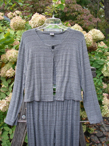 2000 Rayon Lycra Stripe Duo Cliffshadow Stripe Size 2: Grey sweater and skirt on a swinger, perfect for layering. Light in weight, substantial in flow and drape. Waist relaxed 28, waist extended 54, hips 54, inseam 26, length 39 inches.