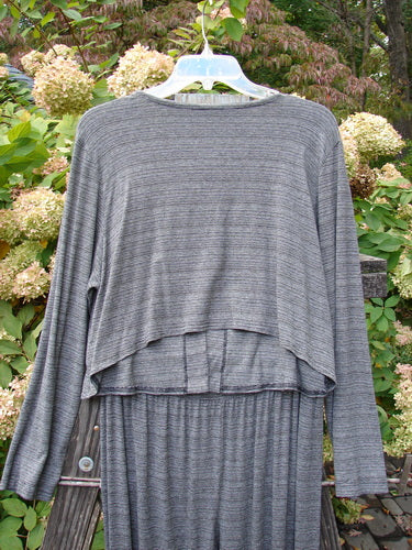 2000 Rayon Lycra Stripe Duo Cliffshadow Stripe Size 2 featuring a grey striped topper with a single button closure, paired with matching straight pants with an elastic waistband and bottom flare.
