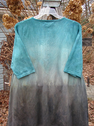 Barclay NWT Wander Tunic Tee Contour Daisy Logo Bolsena Size 0, a loose-fitting, three-quarter-sleeve garment, features an ombré teal-to-gray design, with a rounded neckline and slight A-line flair, hanging outdoors.