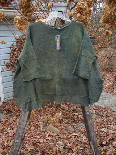 Barclay NWT Crinkle Gauze Top in Mottled Evergreen OSFA on a hanger, showcasing its loose fit, high-low hemline, and three-quarter dolman sleeves, against a natural outdoor setting.