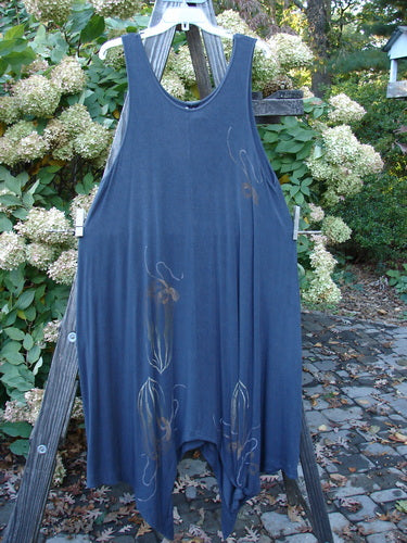 1998 Rayon Lycra Botanicals Tendril Mayflower Duo Onyx Size 1: A blue dress with a botanical design on a wooden ladder.