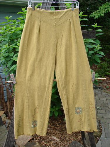 2000 Hemp Cotton Archive Pant Sun Gold Altered Size 0, hanging on a clothesline, featuring an elastic back, paneled front, V-shaped tummy section, and sectional belled legs with sun-themed paint and lettuce-edged hemline.