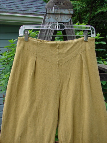 2000 Hemp Cotton Archive Pant Sun Gold Altered Size 0 displayed on a swing, showcasing its elastic back, paneled front, V-shaped tummy section, belled legs, and slight lettuce-edged hemline.