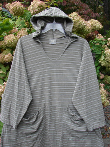 2000 Resort Hooded Pocket Pullover Zig Zag Black Olive Grey Stripe Size 2 displayed on a hanger, featuring a striped pattern, oversized hood, and two front elastic-topped pockets.
