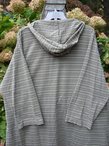 2000 Resort Hooded Pocket Pullover Zig Zag Black Olive Grey Stripe Size 2 displayed on mannequin with grey striped pattern, oversized hood, rounded neckline, and front pockets, showcasing unique fall collection design.