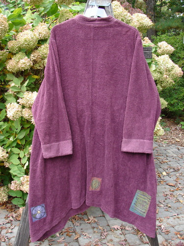 2000 Patched Bette Robe Coat Murple Size 2, a chenille robe with vintage buttons, oversized pockets, and an A-line shape.