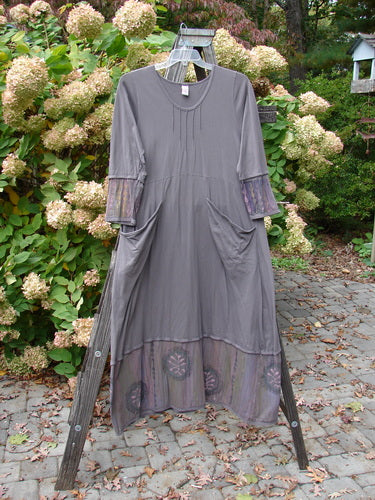 Barclay Pleated Banded Bottom Sweep Dress Celtic Fern Mushroom Size 1 displayed on a wooden ladder, showcasing its pleated neckline, painted fern sleeves, and sweeping A-line shape with exterior pockets.