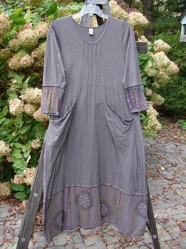 Barclay Pleated Banded Bottom Sweep Dress Celtic Fern Mushroom Size 1 displayed on a clothes rack, showcasing a pleated front neckline, sectional painted sleeves, and sweeping A-line shape with double exterior drop pockets.