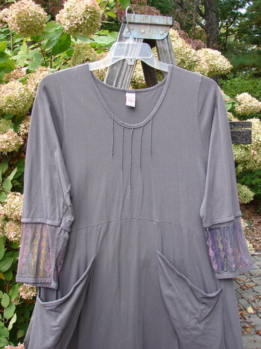 Barclay Pleated Banded Bottom Sweep Dress Celtic Fern Mushroom Size 1 displayed on a swing, highlighting its unique pleated front neckline and sectional painted sleeves.