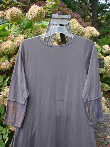 Barclay Pleated Banded Bottom Sweep Dress Celtic Fern Mushroom Size 1 displayed on a wooden stand, featuring a unique pleated front neckline, sectional painted sleeves, and double exterior pockets.